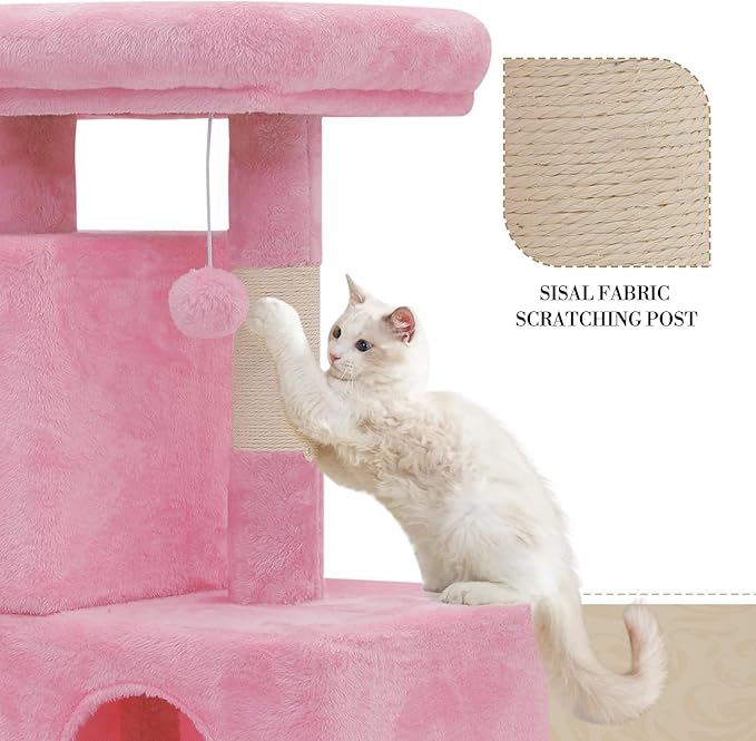 Athena Collection Small Cat Tree, Modern 34 Inch Cute Cat Tree Tower with Scratching Post 2 Condo Activity Platform and Playing Ball for Indoor, Pink