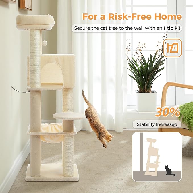 PETEPELA 58" Large Cat Tree for Big Adult Cats up to 30 lbs, Heavy Duty Cat Tower w/Extra-Thick Scratching Posts [φ3.9”], XL Hammock & Spacious Condo, Study Cat Furniture for Maine Coons, Beige
