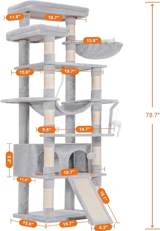 Heybly Tall Cat Tree, 78-inch Multi-Level Cat Tower for Indoor Cats, 2 Widened Plush Perches Cat Condo with Scratching Board and Big Caves, Light Gray HCT033W