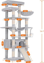 Heybly Tall Cat Tree, 78-inch Multi-Level Cat Tower for Indoor Cats, 2 Widened Plush Perches Cat Condo with Scratching Board and Big Caves, Light Gray HCT033W