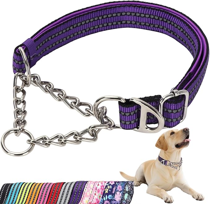 Reflective Martingale Collar for Dogs - Heavy Duty No Pull Dog Collar with Padded,Adjustable Dual D-Rings Design Choke Chain Collars for Extra Large Dogs Training Collar（Purple XL