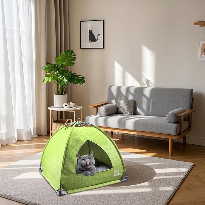 Winsterch Cat Bed Cave for Indoor Cats, Small Pet Tent Cave for Cats, Kittens, and Small Dogs, Warming Cat House with Removable Washable Cushion (18.5'‘ x 18.5’' x 15.8'', Green)