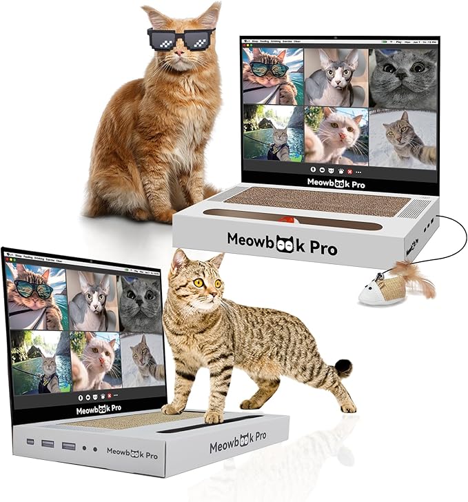 2PCS Cat Scratcher Laptop with 'Mouse' Jingle Ball, Stickers, 3-in-1 Cardboard Cat Interactive Toy, Kitten Toy & Cat Scratching Pad