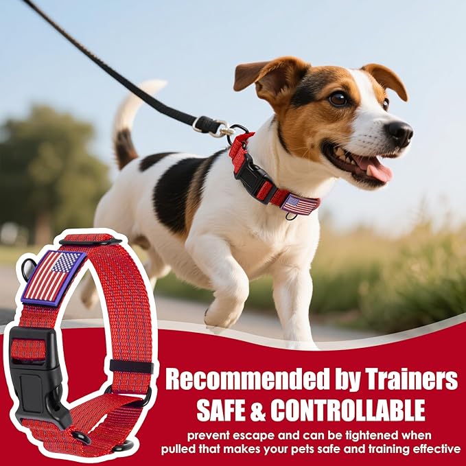 Martingale Dog Collar, Reflective No Pull Training Collar with Quick Release Buckle & USA Flag, Heavy-Duty Nylon, Adjustable for Small Medium Large Dogs, L,Red with Flag