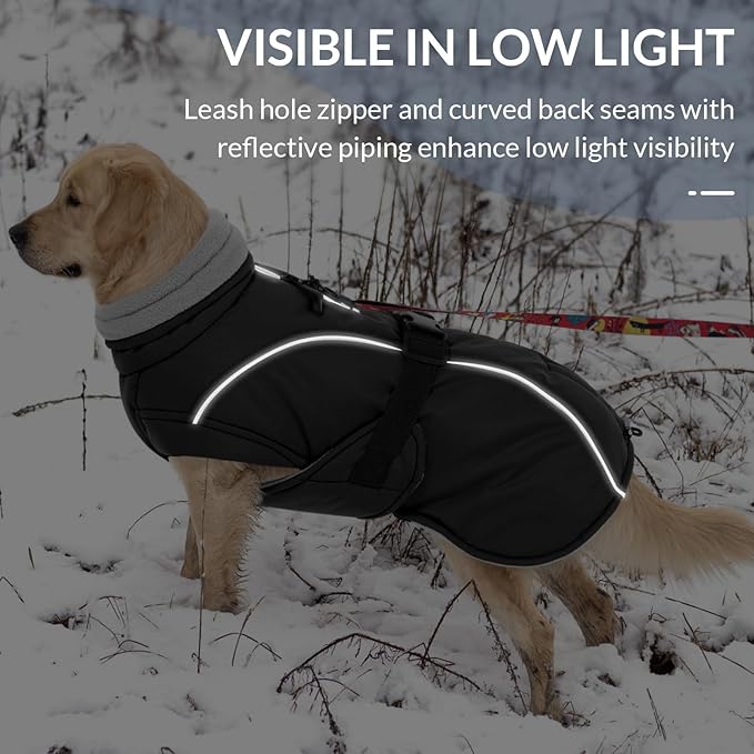 Queenmore Winter Dog Coat Warm Dog Jacket Vest Waterproof Puffer Fleece Snowsuit Adjustable Buckle Leash Hole Reflective Cold Weather Parka for Small Medium Large Dogs Girl Boy Black XL