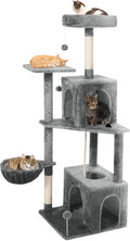 Cat Tree, 54-Inch Cat Tower for Indoor Cats,Plush Multi-Level Cat Condo with Scratching Posts, Basket, Perches,2 Caves,2 Pompoms(Gray)
