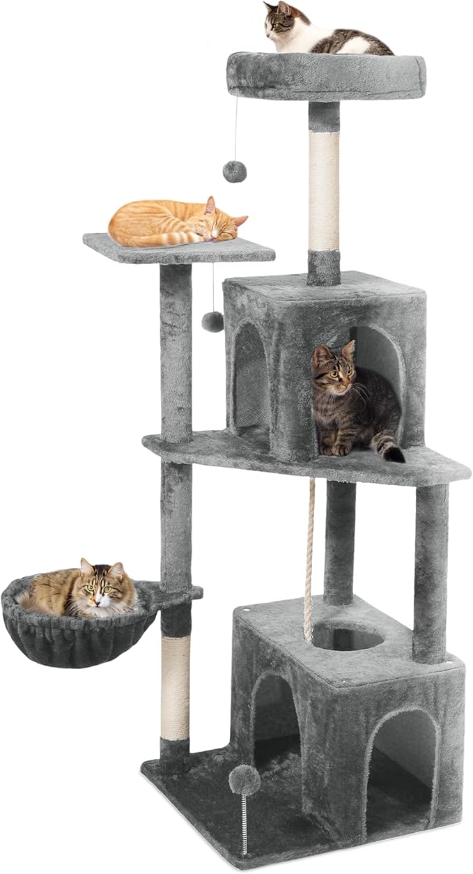 Cat Tree, 54-Inch Cat Tower for Indoor Cats,Plush Multi-Level Cat Condo with Scratching Posts, Basket, Perches,2 Caves,2 Pompoms(Gray)