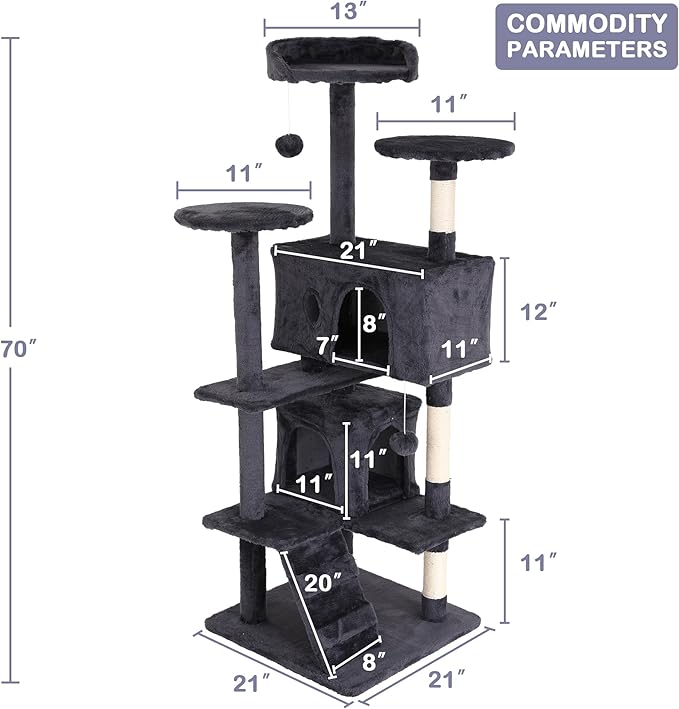 Go Pet Club 70'' Tall Multi-Level Cat Tree with Scratching Post, Stand Platform, Cat Condo, Tower and Funny Toy for Medium Indoor Cats