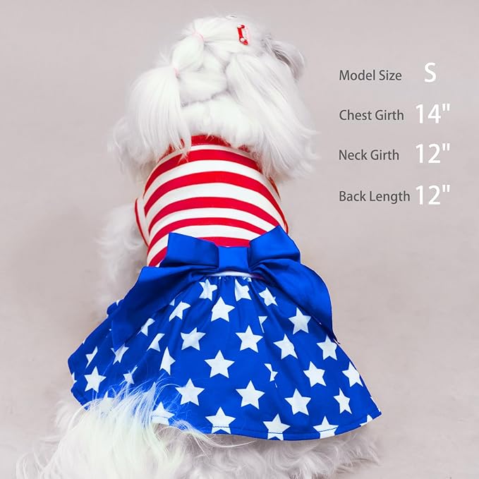 PUPTECK Print Dog Dress Pet Apparel for 4th of July with Cute Bowtie Puppy Clothes Outfit, Flag, M