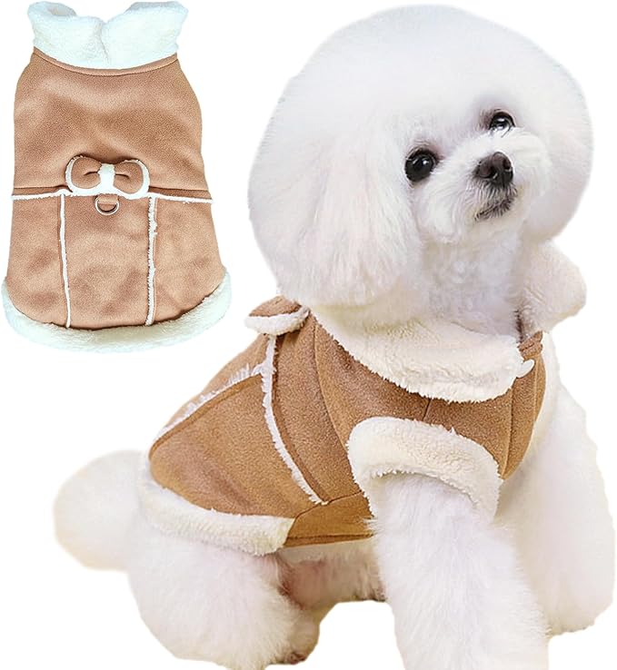 Jecikelon Bowtie Dog Cold Weather Coat Fleece Lining Warm Pet Puppy Turtleneck Dogs Winter Coats for Small Dogs Jacket with D-Ring Leash (Large, Khaki)