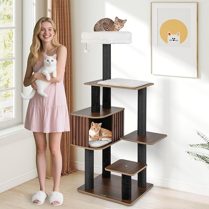 PETSITE 59.5 Inches Modern Cat Tree, Multi-Level Cat Tower with Scratching Posts, Large Condo with Removable Pad, Cushioned Soft Top Perch, and Interactive Dangling Ball (Brown)
