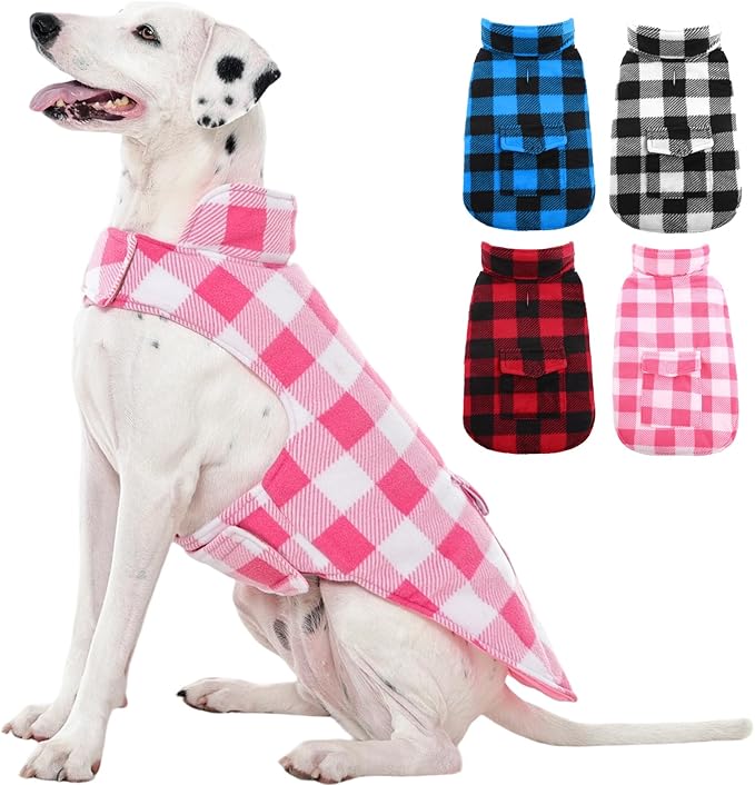 Kuoser Dog Winter Coat, Windproof Dog Fleece Jacket British Style Plaid Cold Weather Doggie Vest Coats, Reversible Cozy Warm Pet Clothes Apparel for Large Size Dogs XL