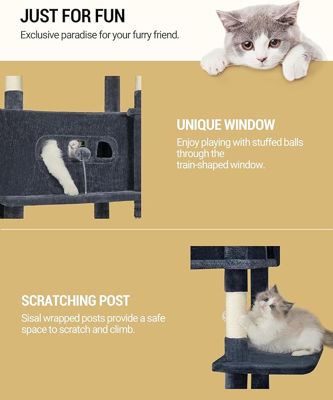 Cat Tree, 82.6" Large Cat Tower for Indoor Cats, Multi-Level Cat House with Condo, 8 Scratching Posts, Hammock, 4 Pom Poms, Dark Grey MS21018SG