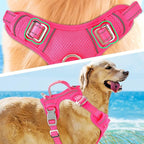 BARKBAY No Pull Dog Harness 3 Buckles Large Reflective Dog Harness with Front Clip and Easy Control Handle for Walking Training Running with ID tag Pocket(Pink,XL)