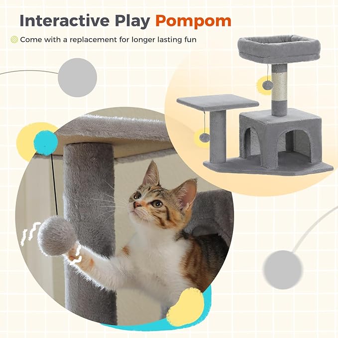 PEQULTI 56.3'' Cat Tree for Indoor Cats, Multi-Level Cat Tower with 2 Top Perch, Cat Condo, Hammock and Sisal-Covered Scratching Post, Grey