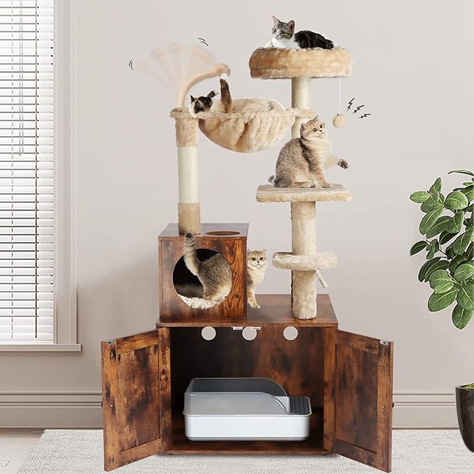Two Cat Tree with Litter Box Enclosure Bundle, 2-in-1 Cat Tower for Indoor Cats, Large Cat Furniture, Wood Cat Condo