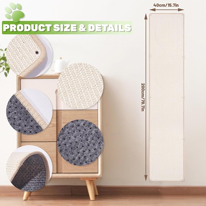Natural Sisal Cat Scratcher Mat, Wall Scratcher Carpet, Cat Climbing Wall, Large Tall Scratching Post, Sofa Protector, Scratching Mat Pad for Indoor Cats (White, 78.7" Lx15.7 W, 1PC)