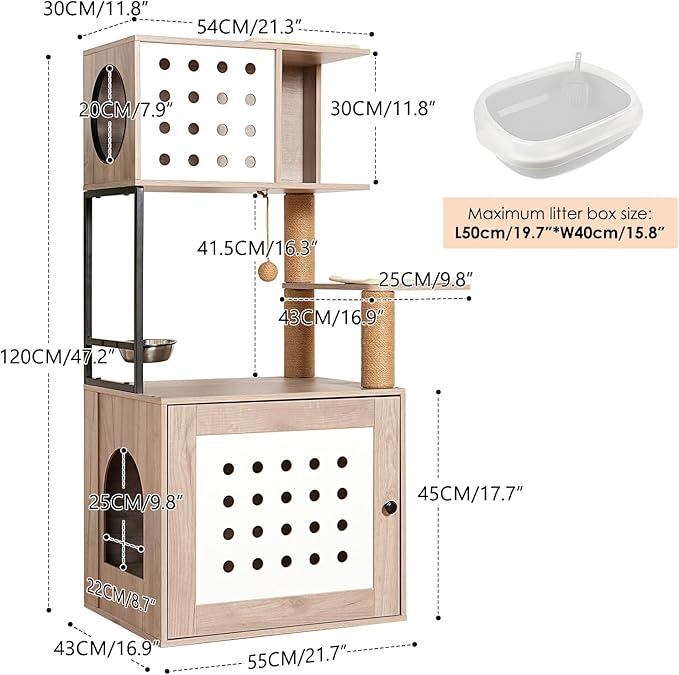 Modern Cat Tree Condo Tower Cat House Washroom Furniture Litter Box Enclosure with Scratching Posts, Feeding Bowl & Cat Teaser Ball, White+Gray (21.70" Lx16.90 Wx47.20 H)