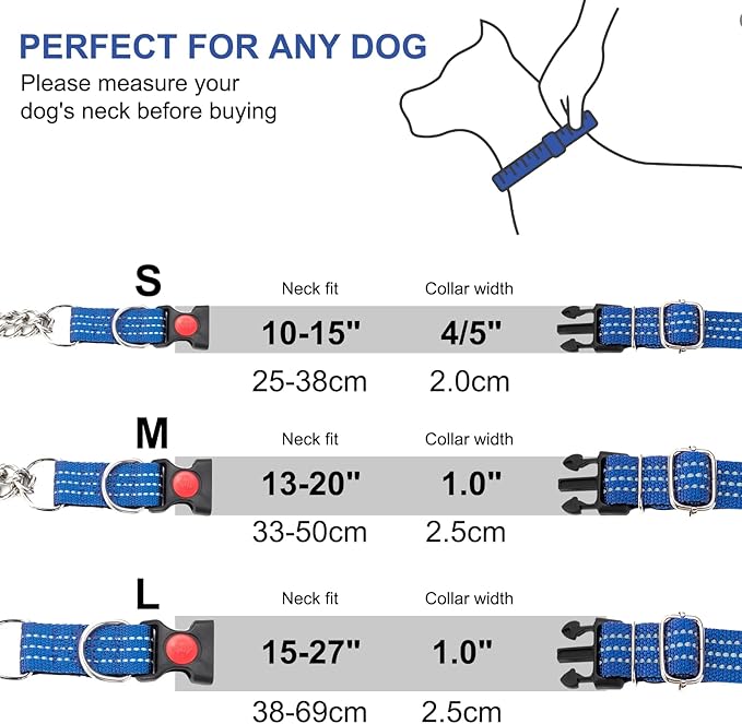 Martingale Collars,Reflective Dog Collar,Side Release Buckle,Adjustable Chain Training Pet Collars (Blue, S,Neck 10"-15")