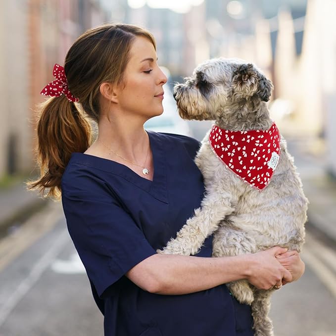 E-Clover Mother's Day Dog Bandana & Matching Scrunchie-Heart Dog Bandanas Red Pet Scarf Bib for Small Dogs Puppy Girl Boy Owner Valentines Mom Gift