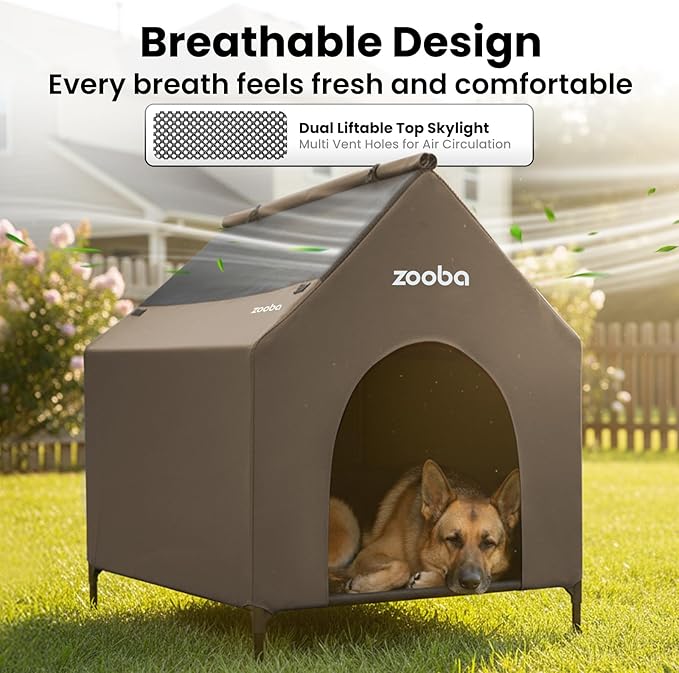 36" Large Dog House for Large Dog Indoor or Outside, Weatherproof 600D PVC Outdoor, Featuring Breathable 2x1 Textilene Elevated Dog Bed, Easy Clean (Brown)