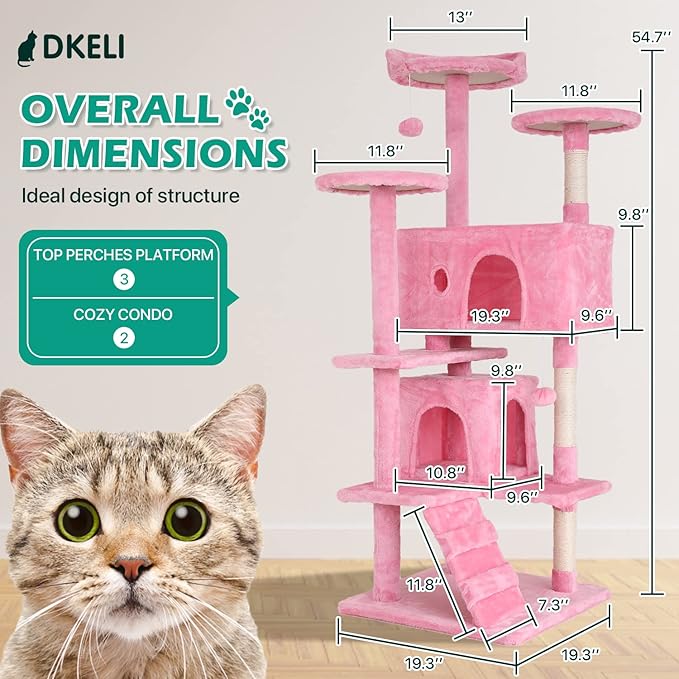 Dkeli Cat Tree for Indoor Cats Condo Tower with Scratching Post Tease Ball Perches Platform Small and Medium 54 Inch Multi-Level, Pink