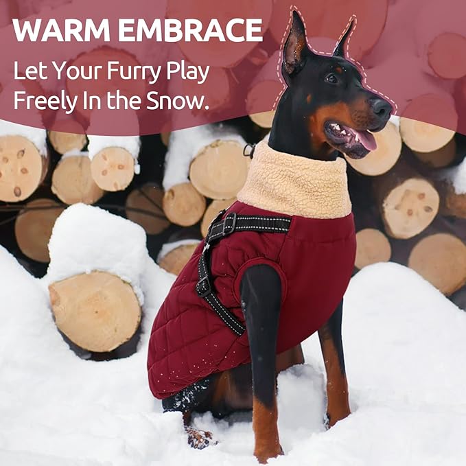 Queenmore Dog Jackets for Medium Dogs, Dog Coat with Harness Built in, Waterproof Pet Winter Coat with Zipper On Back Doggy Snowsuits Warm Soft Pet Jacket for French Bulldog, Poodle, Corgi, Burgundy M