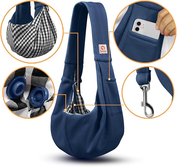 Tomkas Small Dog Sling Carrier - Cat Sling Carrier - Classic Pocket & Classic Strap - for 3-10 lbs Pets(Darkblue)