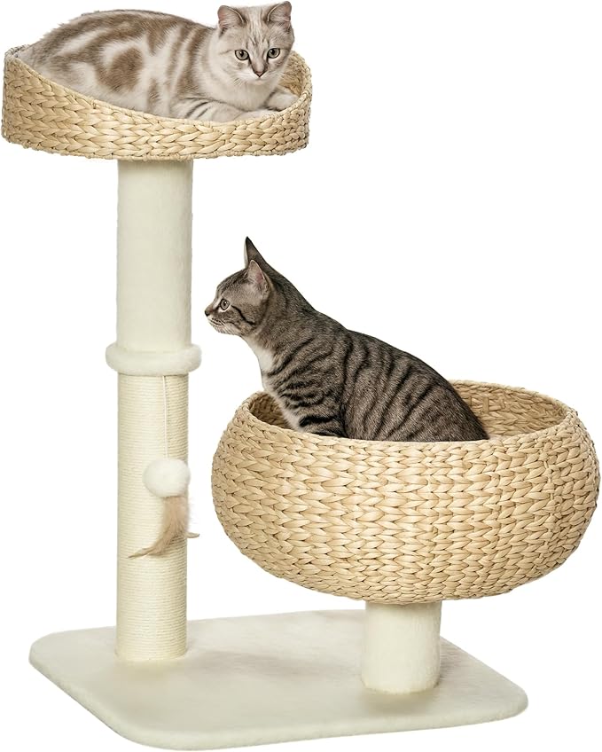 Modern 28” Cat Tree with Elevated Basket Bed & Sisal Scratching Post – Small Cat Condo for Indoor Cats Under 10 lbs, Plush Multi-Level Cat Tower, Beige