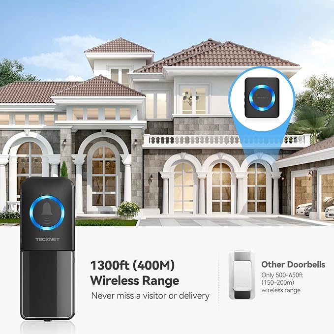 TECKNET Wireless Doorbell, Door Bell 0-120dB, Plug-In Doorbells 1300ft Range, Classroom Doorbell IP65 Waterproof, 60 Chimes & 5 Volume Levels, LED Light for Home Kids Classroom Hearing Impaired, black
