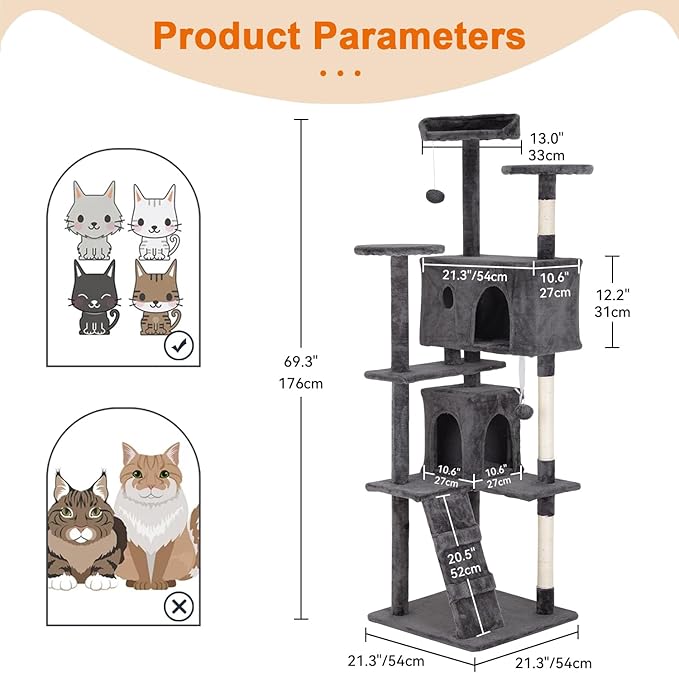 Cat Tree 69.3 inches Cat Tower for Indoor Cats Cat House with Replaceable and Removable Dangling Ball Cat Trees and Towers with Funny Toys, Light Gray