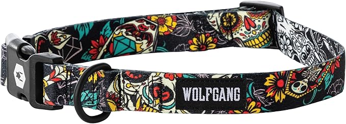Wolfgang Heavy Duty, Adjustable Dog Collar with Quick Release Nylon Buckle for Walking & Training, LosMuertos Print, Large