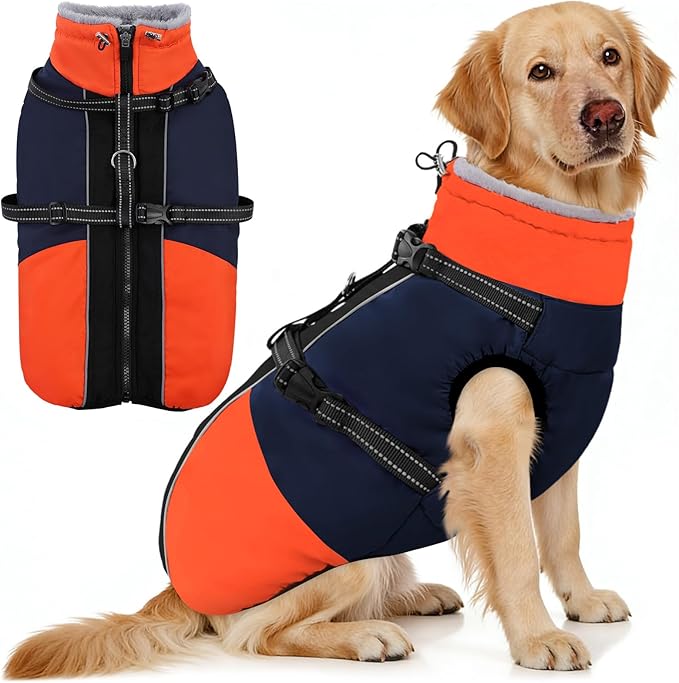 AOFITEE Dog Coat for Large Dogs, Waterproof Dog Winter Jacket with Built in Harness, Warm Turtleneck Cold Weather Coats Large, Reflective Fleece Lined Snow Jacket for French Bulldog, Boston Terrier, L