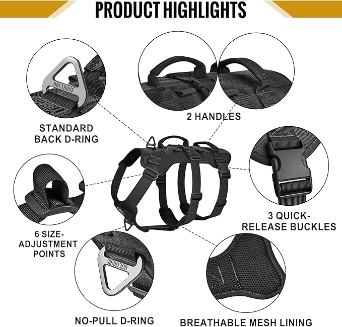 OneTigris Escape Proof Dog Harness, No Pull Dog Harness with Handles, Tactical Multi-Use Support Dogs Harnes for Large Dogs Everyday Wear Walking Hiking Training (Black, Large)