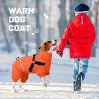 BRKURLEG Small Dog Winter Coat with Harness Built in, Orange Winter Dogs Jackets, Fullbody Dog Coat, Dogs Snowsuits Reflective Windproof Cold Weather Coats, Pet Warm Fleece Coats, XL