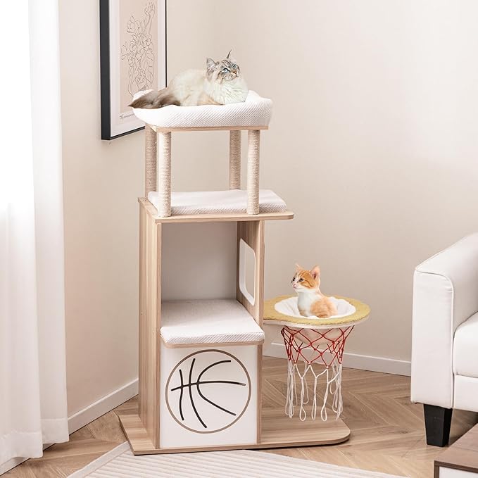 PETSITE 47 inch Basketball Series Cat Tree, Multi-Level Cat Tower with Jute Scratching Posts, 2-Story Cat Condo, 2 Perches, Basketball Hoop Hammock, Padded Cushions, Modern Cat Tree Tower