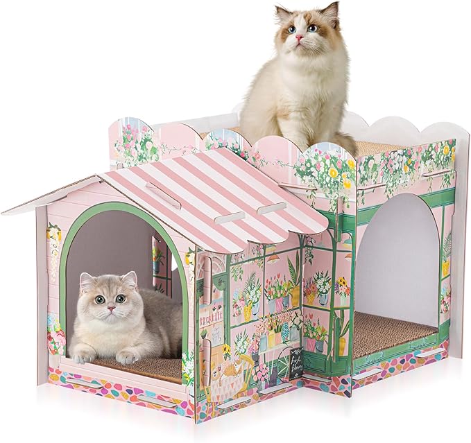 2 Story Cardboard Cat House with Scratcher Pad for Small Kitten,17x12x10 Multi Level Durable Cat Condo & Villa for Bunny Rabbit Small Animals Christmas Birthday Gift(17x12x10,Florist)