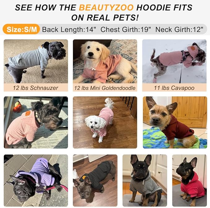 BEAUTYZOO Small Dog Hoodie Sweater with Pockets, Dog Clothes for Small Medium Dogs Boy Girl, Waffle-Like Laminated Cotton Pet Coats with Hat and Leash Hole, Navy Blue SM