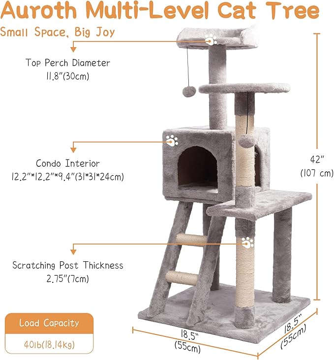 Auroth Cat Tree,42" Cat Tower with Stable Base for Indoor Cats, Large Cat Condo with Plush Perches, Toys & Natural Sisal Scratching Posts, Multi-Level Small Cat furniture Perfect for Kittens Play,Rest