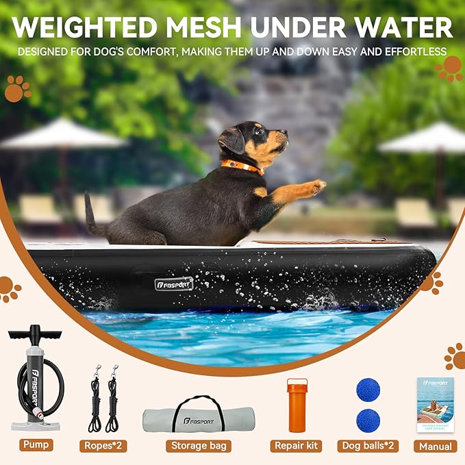 FBSPORT Inflatable Dog Boat Ramp Floating Dock Water Ladder for Pool, Boat, Non-Slip EVA Floating Ladder Pool Ramp for Dog Up to 220 LBs, Safe & Easy Access