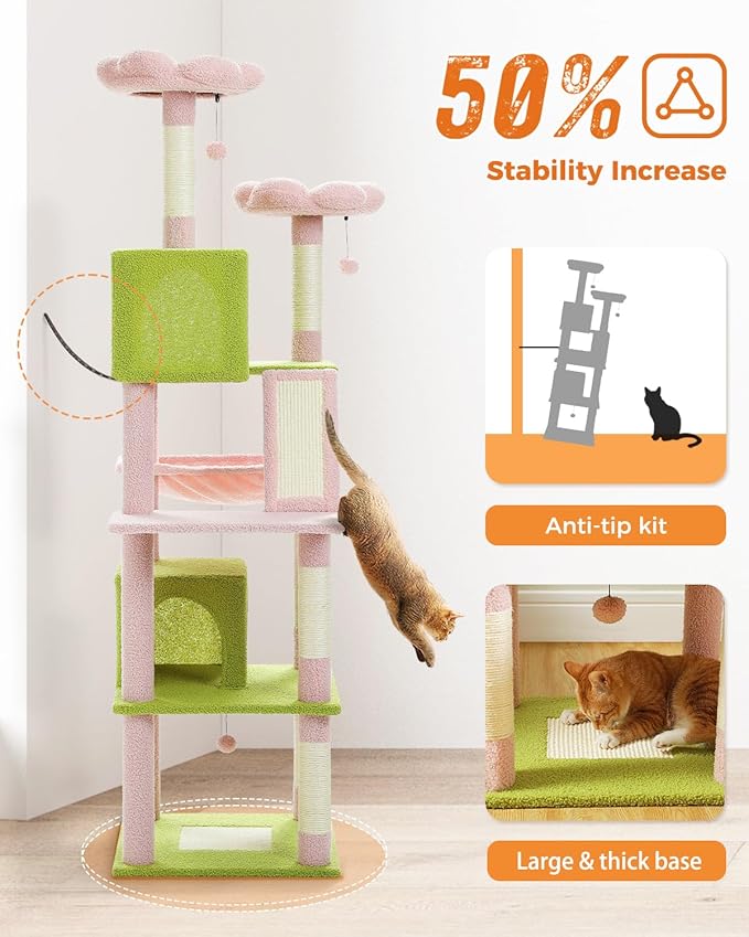 PEQULTI 71" Cat Tree for Indoor Cats, Multi-Level Cat Tower with Cozy Cat Condo Clearance Prime, Pink