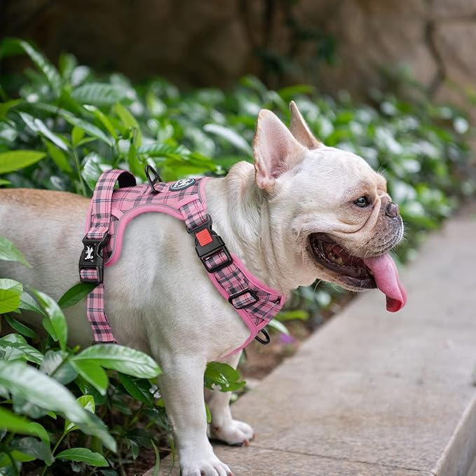 PoyPet No Pull Dog Harness, Reflective Adjustable No Choke Pet Vest with Front & Back 2 Leash Attachments, Soft Control Training Handle for Large Dogs(Checkered Pink,L)