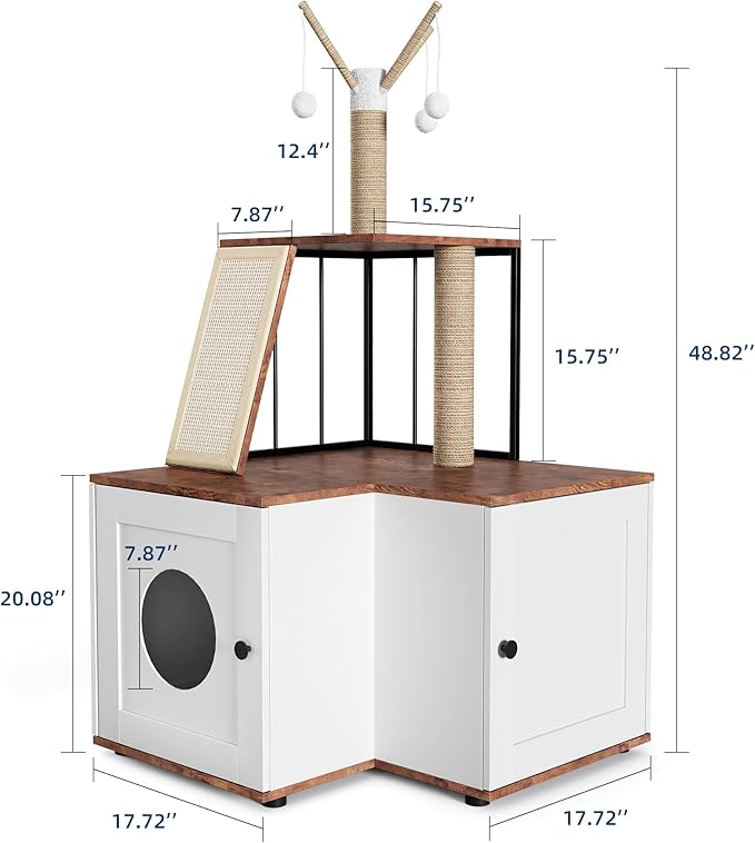 48.8" Wooden Cat Tree with Hidden Litter Box Enclosure & Storage Cabinet – 2-in-1 Cat Furniture with Scratching Post, Toy Balls, and Play Area for Indoor Cats