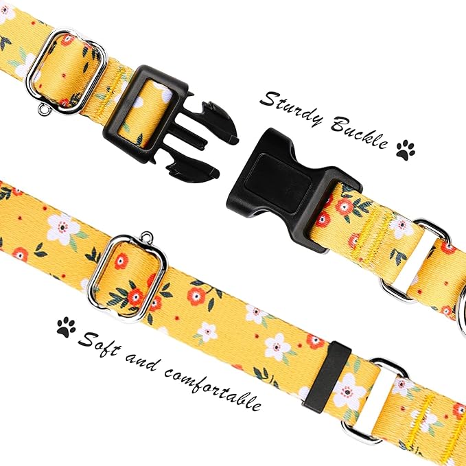 Hikiko Martingale Collar for Dogs Cute Floral Dog Collar for Small Medium Large Dogs Soft Nylon Quick Release Dog Collars (Yellow Flower,Large)