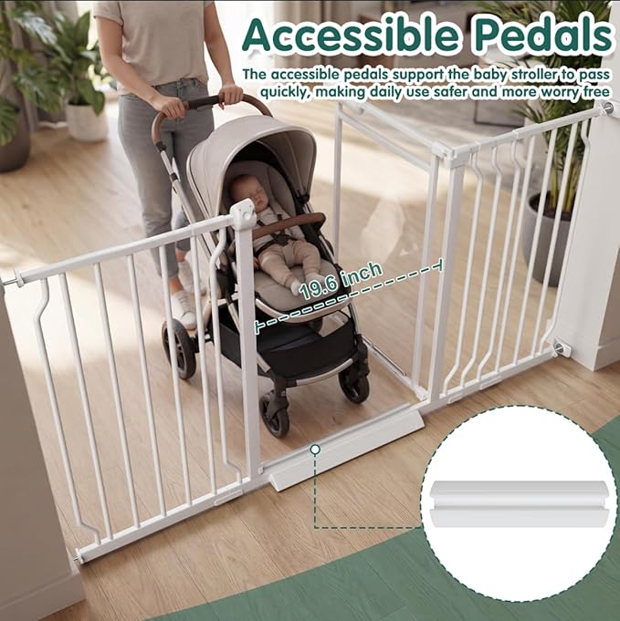 TSAYAWA Triple-Lock Acrylic Extra Wide Baby Gate 57.5"-65.74", Crystal Clear Transparent Pet Gate for Dogs, Heavy Duty Metal Gate for Doorways, Pressure Mount Child Safety Barrier, Auto Close, White