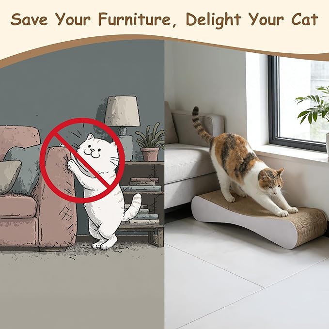 Pillow Cat Scratcher, 25.6" Large Corrugated Cardboard Scratch Pad, Double-Sided Reversible Cat Lounge Bed with White Coated Surface, Durable Scratching Board for Indoor Cats