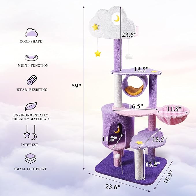 Lucky Monet 59 Inches Cat Tree for Indoor Cats, Multi-Level Cat Tower for Large Cats Cute Purple Pink Cat Tree Unique Cat Condo with Scratching Post Hammock Condo Pompom Ball Toy