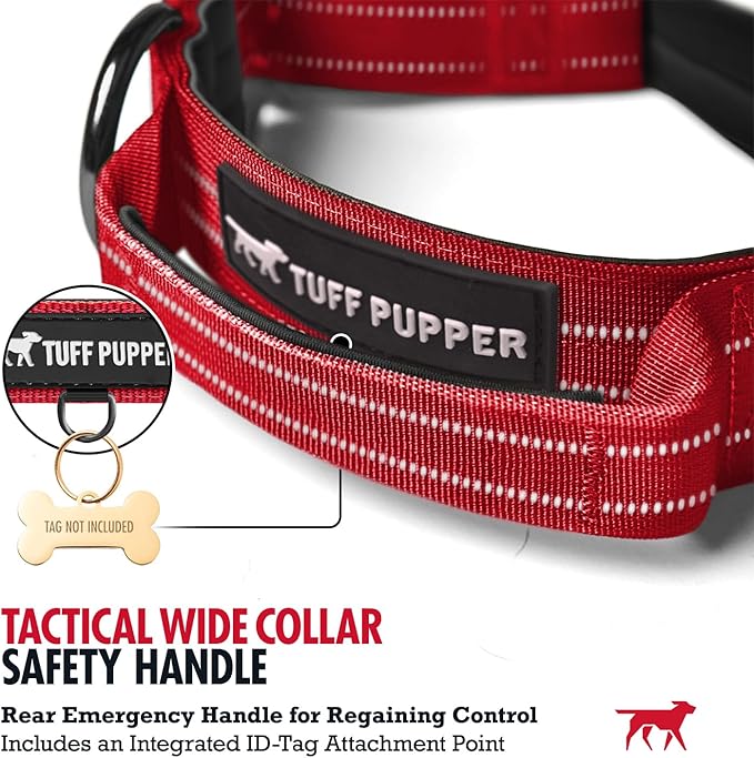 Tuff Pupper Tactical Dog Collar with Handle | Heavy Duty Adjustable Dog Collar | Military Nylon Collar for Large Dogs | Quick-Release Buckle | Soft Padded Comfort | Training Control (Red, Large)
