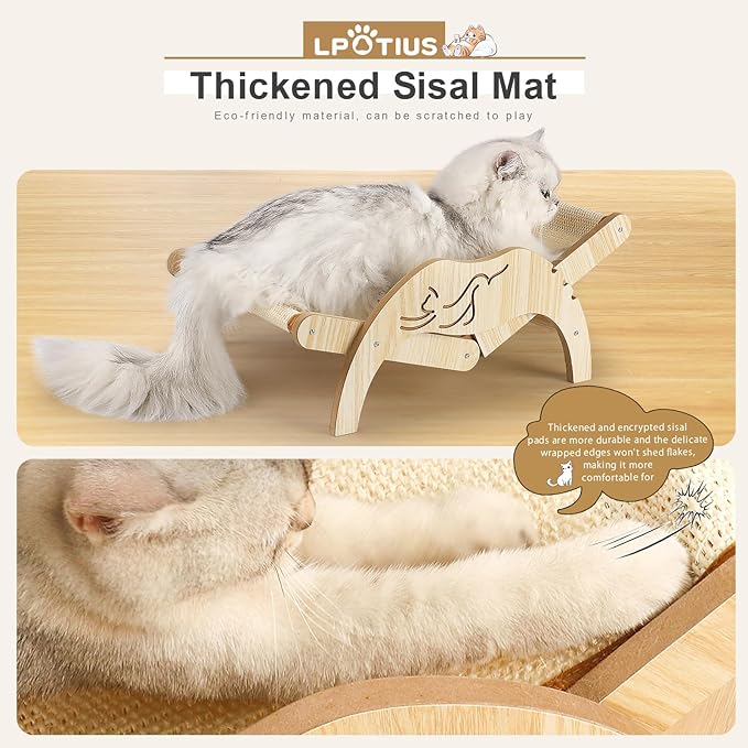 Cat Hammock Beach Chair with Sisal Scratcher, Elevated Adjustable Cozy Cat Lounger Wooden Sisal Chair