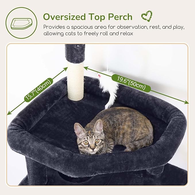 Globlazer Cat Tree for Indoor Cats Large Adult, 74in Tall Cat Tower with Scratching Post, Heavy Duty Cat Tree Tower with 2 Spacious Caves, Oversized Top Perch, Big Hanging Basket, F74B, Dark Grey